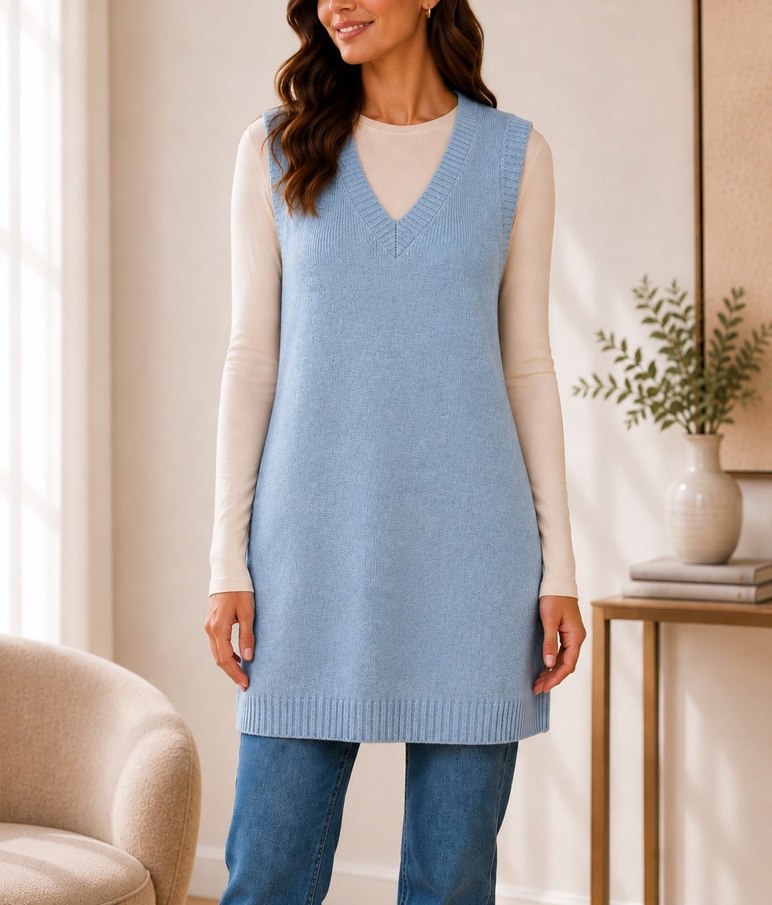 Ladies New Feeling Jersey Sleeveless Cardigan-Blue - StylePhase SA
