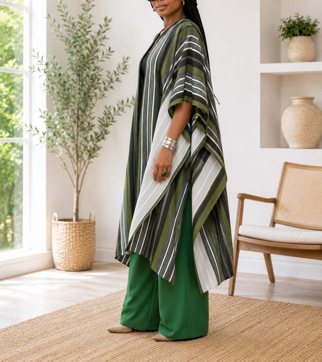 Ladies New Feeling Long Kimono-Green Stripe - StylePhase SA