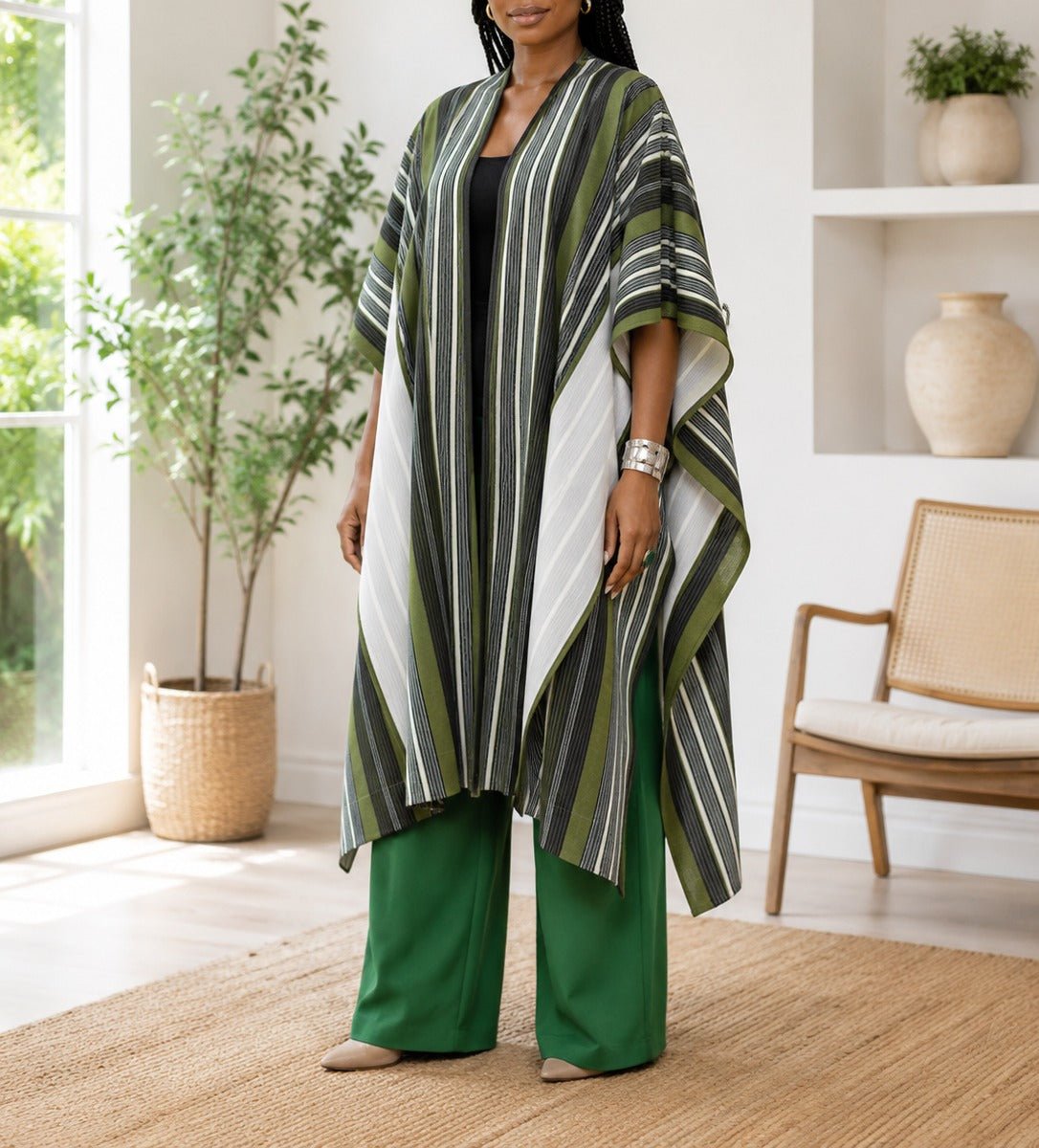 Ladies New Feeling Long Kimono-Green Stripe - StylePhase SA