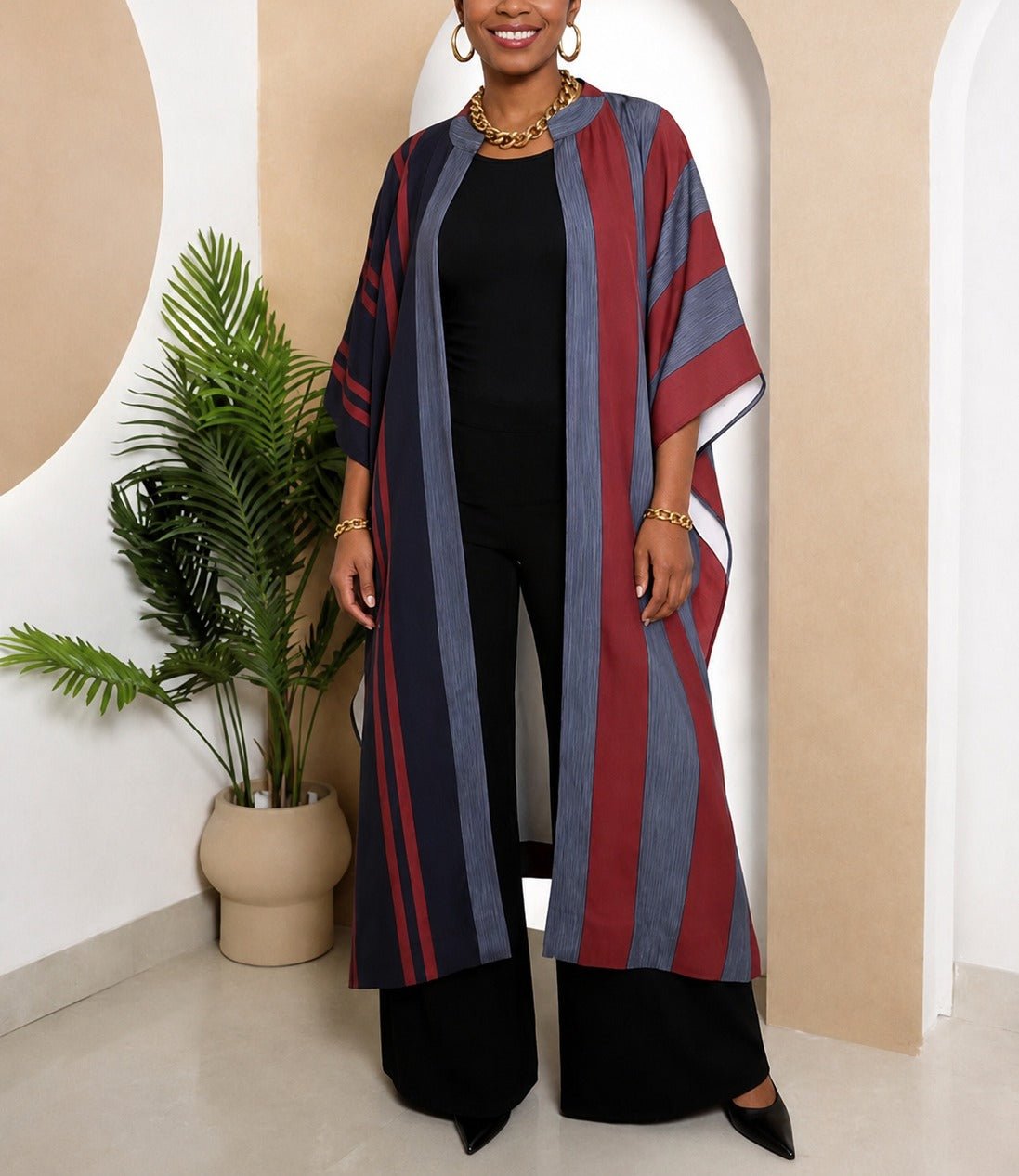 Ladies New Feeling Long kimono-Maroon Stripe - StylePhase SA