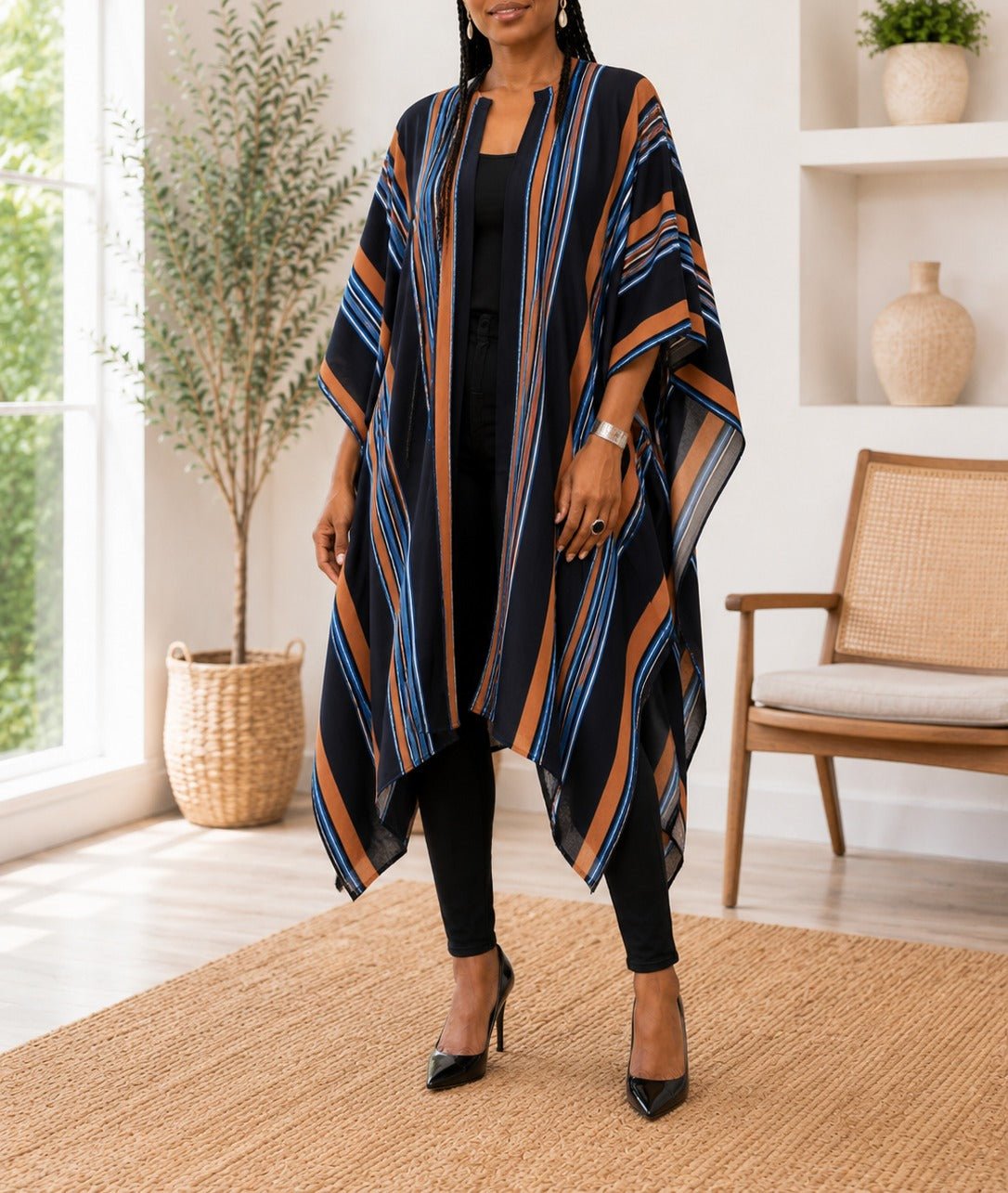 Ladies New Feeling Long kimono-Navy Stripe - StylePhase SA