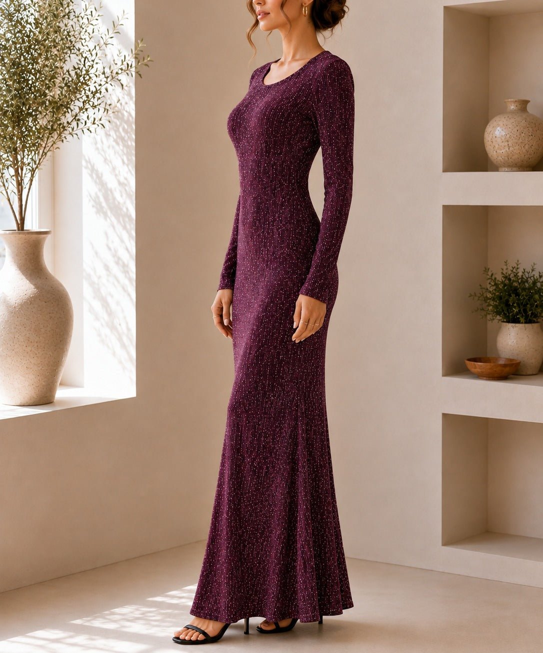Ladies New Feeling Long Sleeve Embossed Dress-Maroon - StylePhase SA