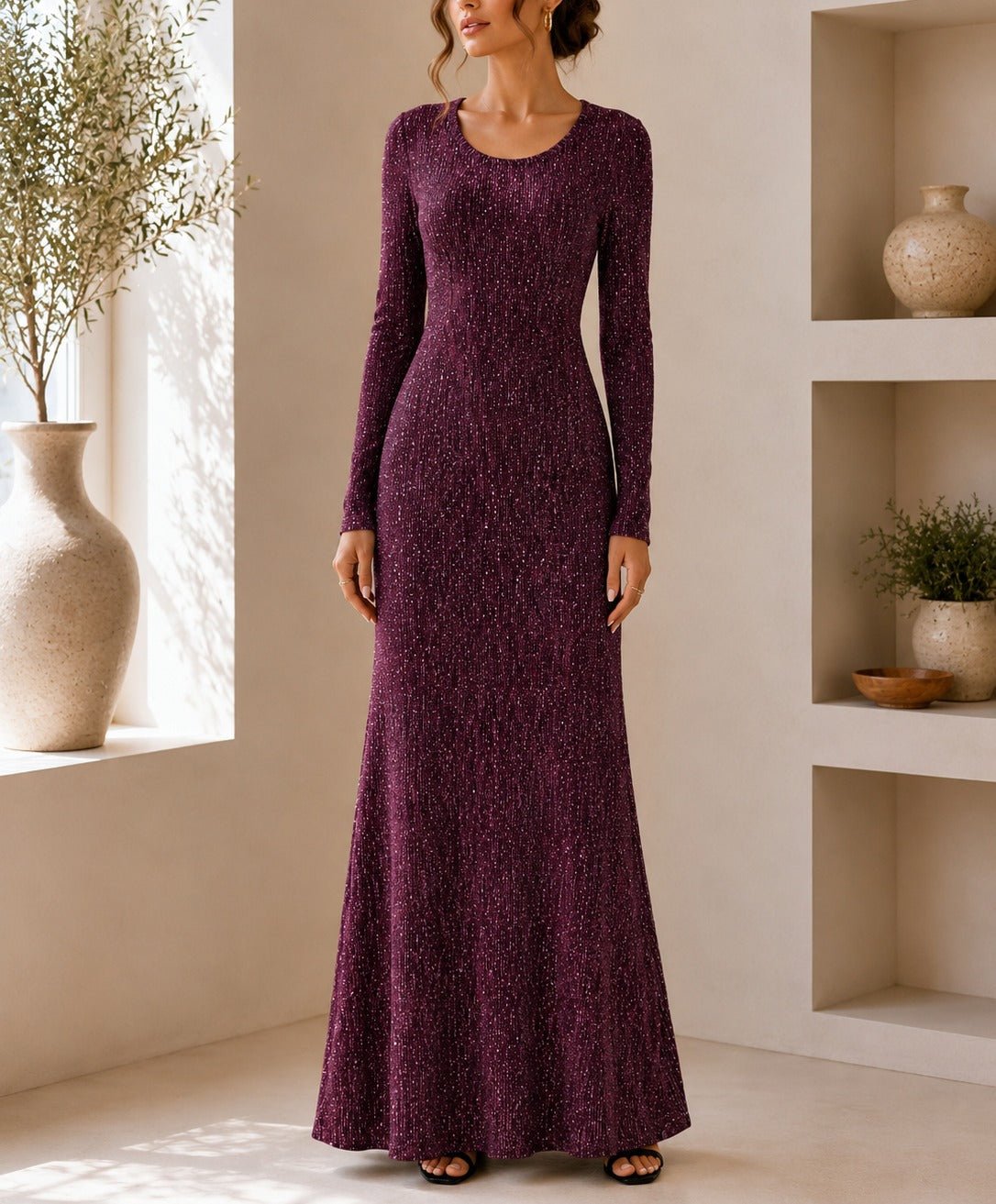 Ladies New Feeling Long Sleeve Embossed Dress-Maroon - StylePhase SA