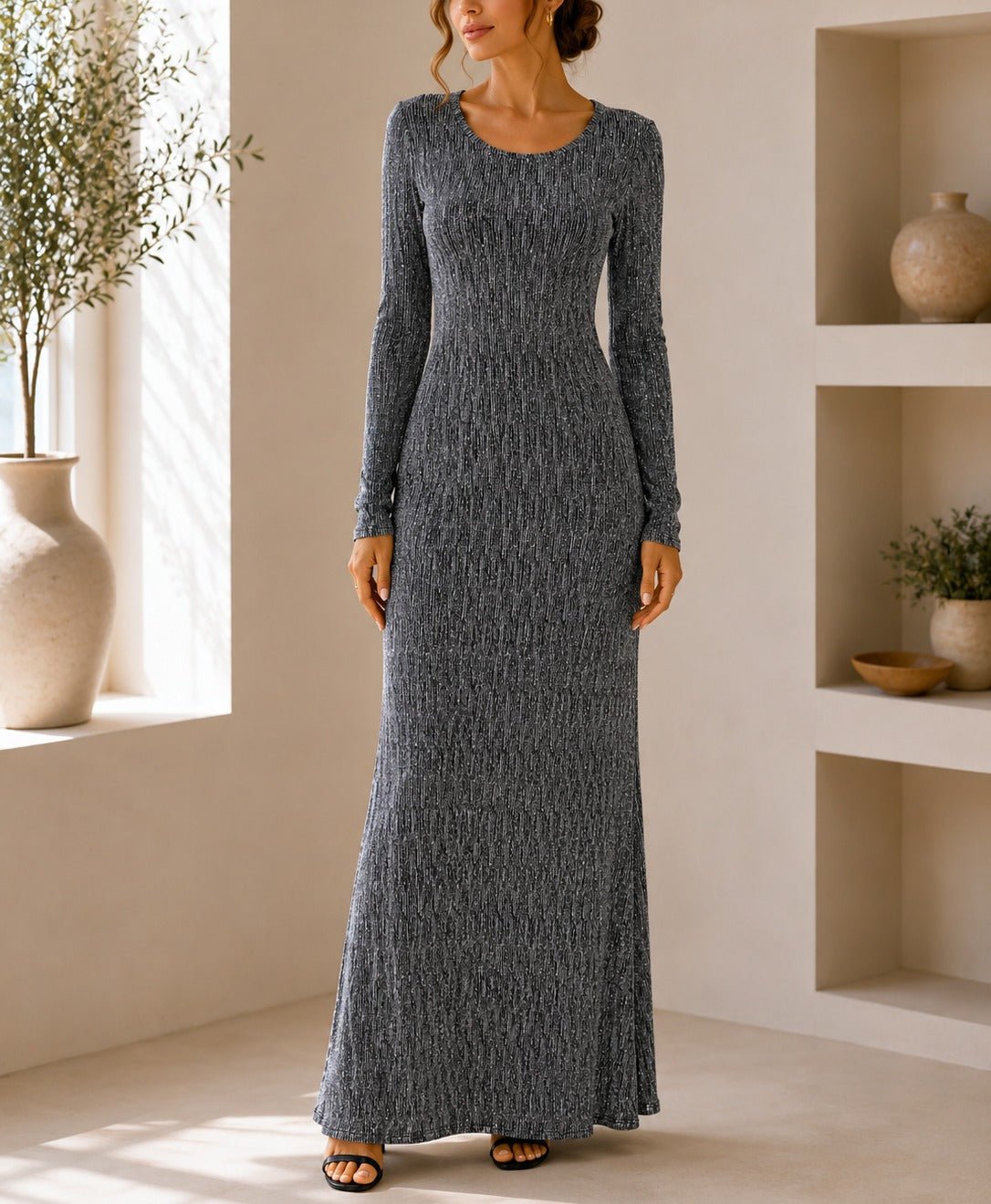Ladies New Feeling Long Sleeve Embossed Dress-Silver - StylePhase SA