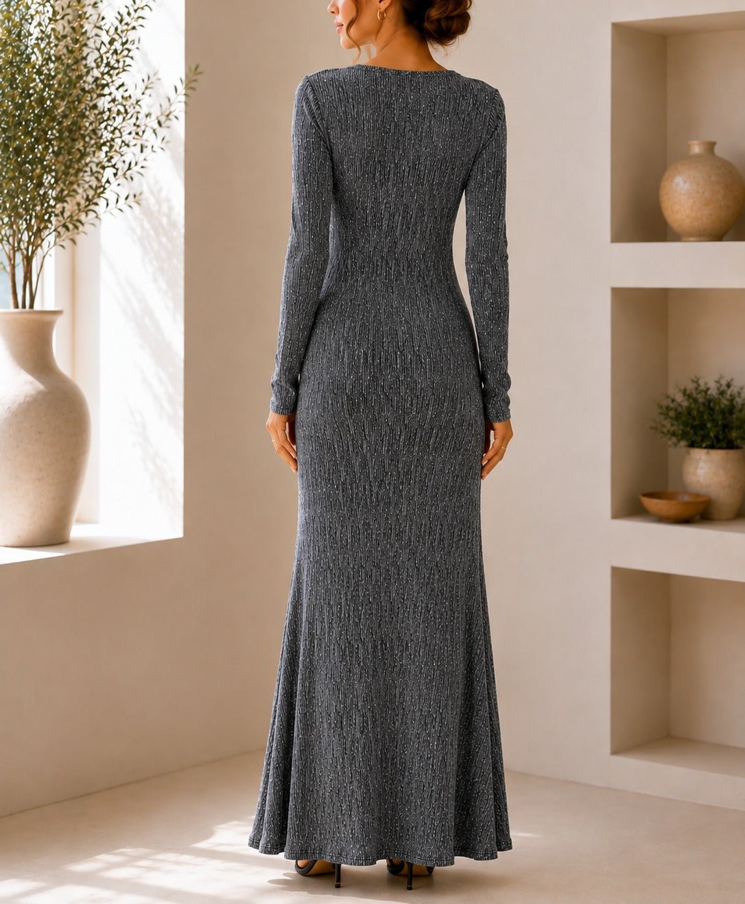 Ladies New Feeling Long Sleeve Embossed Dress-Silver - StylePhase SA