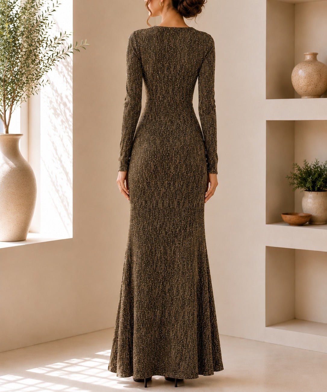 Ladies New Feeling Long Sleeve Embossed Dress-Yellow Gold - StylePhase SA