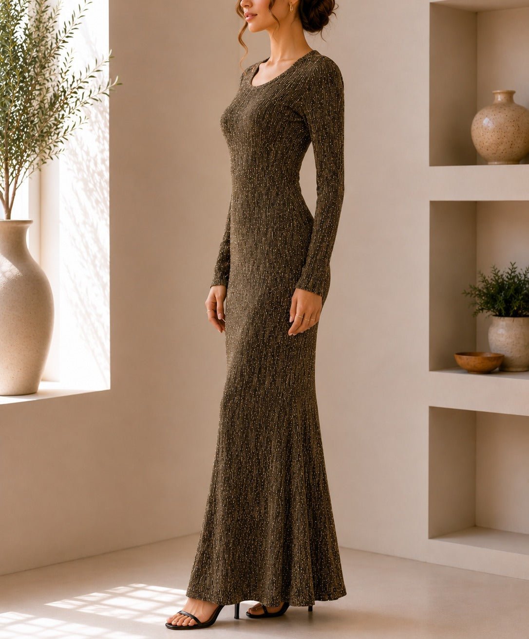Ladies New Feeling Long Sleeve Embossed Dress-Yellow Gold - StylePhase SA