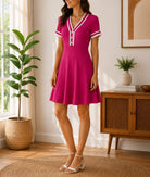 Ladies New Feeling Magenta V-Neck Mini Dress - StylePhase SA