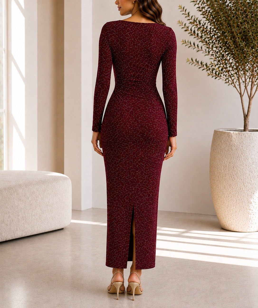 Ladies New Feeling Maroon Rhinestone Ruched Maxi Dress - StylePhase SA