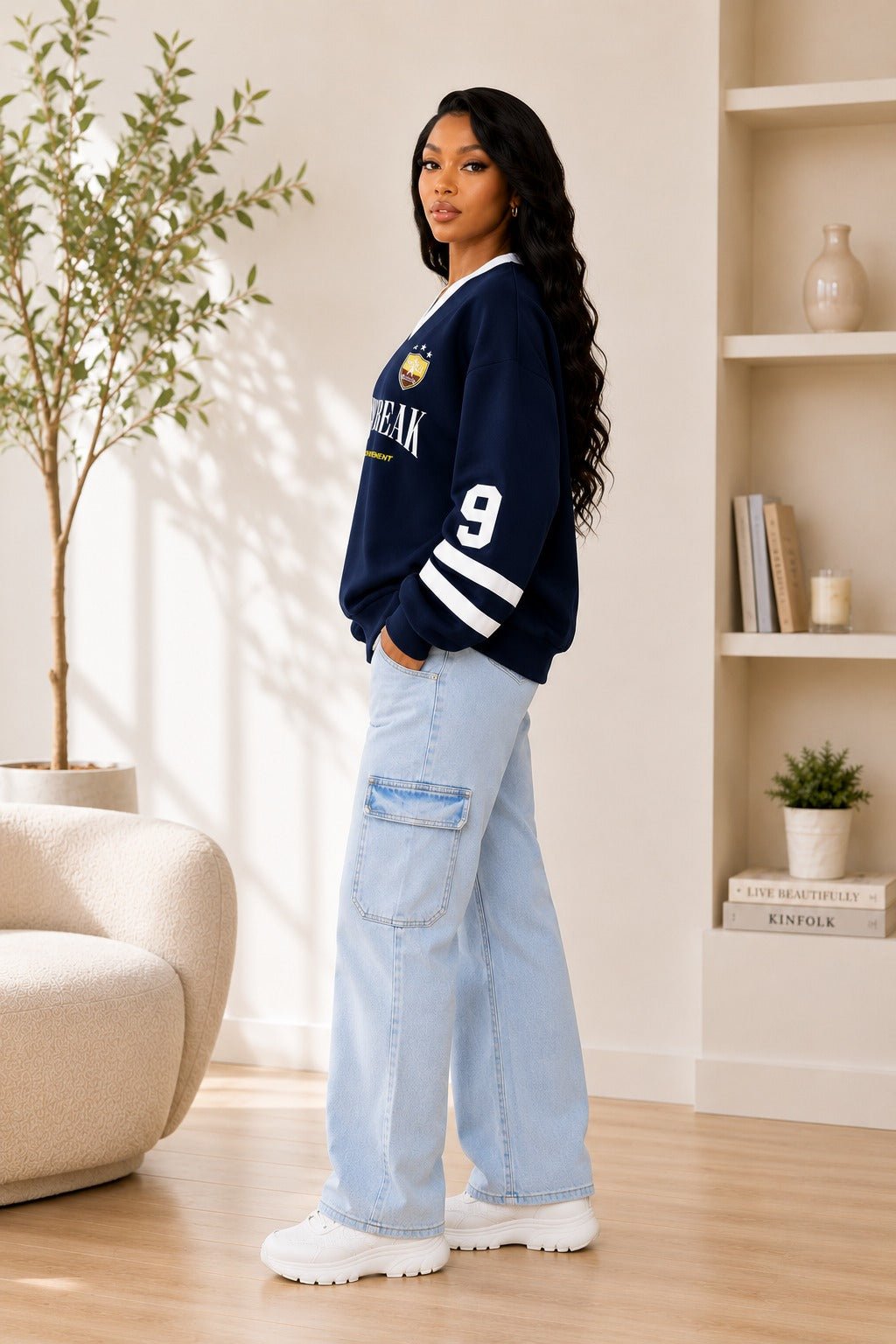 Ladies New Feeling Navy Long Sleeve V-Neck Sweatshirt - StylePhase SA