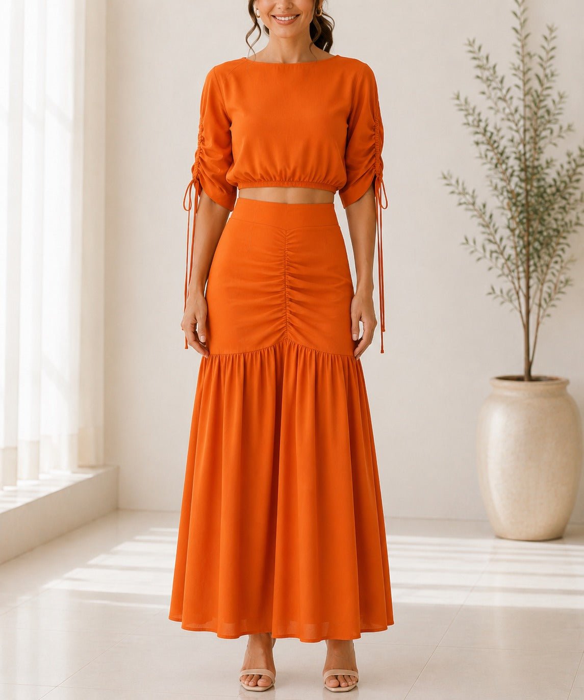 Ladies New Feeling Orange Ruche Two Piece Set - StylePhase SA