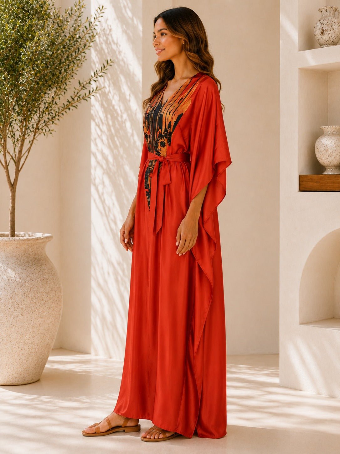 Ladies New Feeling Orange Satin Printed Kaftan - StylePhase SA
