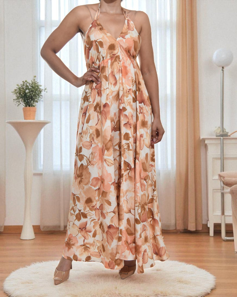 Ladies New Feeling Peach Floral Tie Back Dress - StylePhase SA