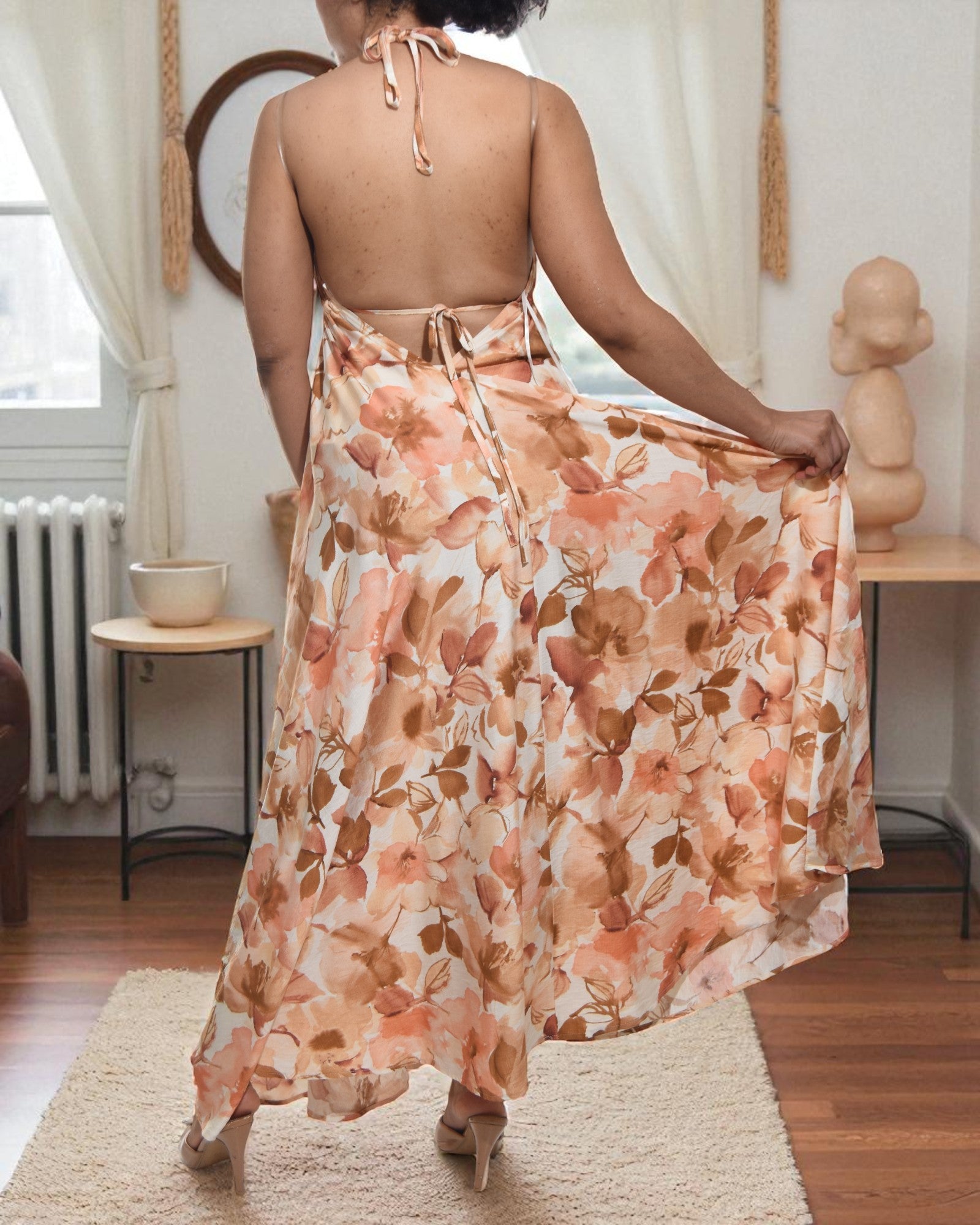 Ladies New Feeling Peach Floral Tie Back Dress - StylePhase SA