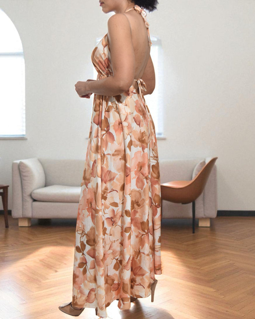 Ladies New Feeling Peach Floral Tie Back Dress - StylePhase SA