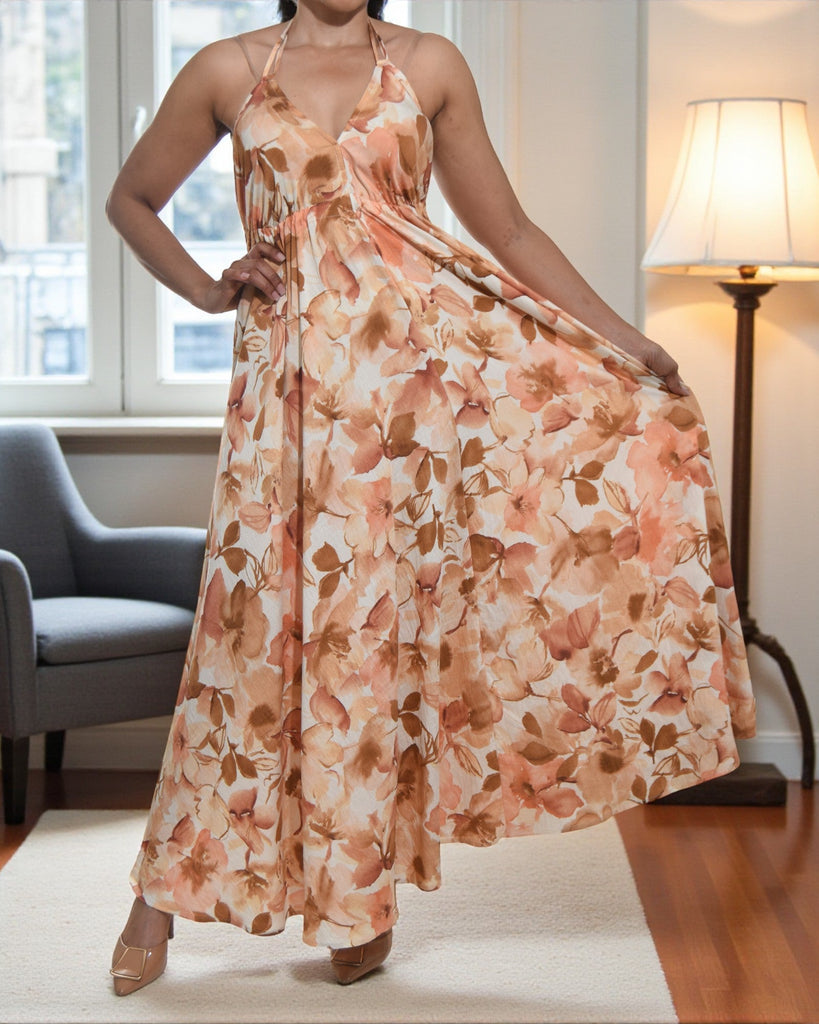 Ladies New Feeling Peach Floral Tie Back Dress - StylePhase SA