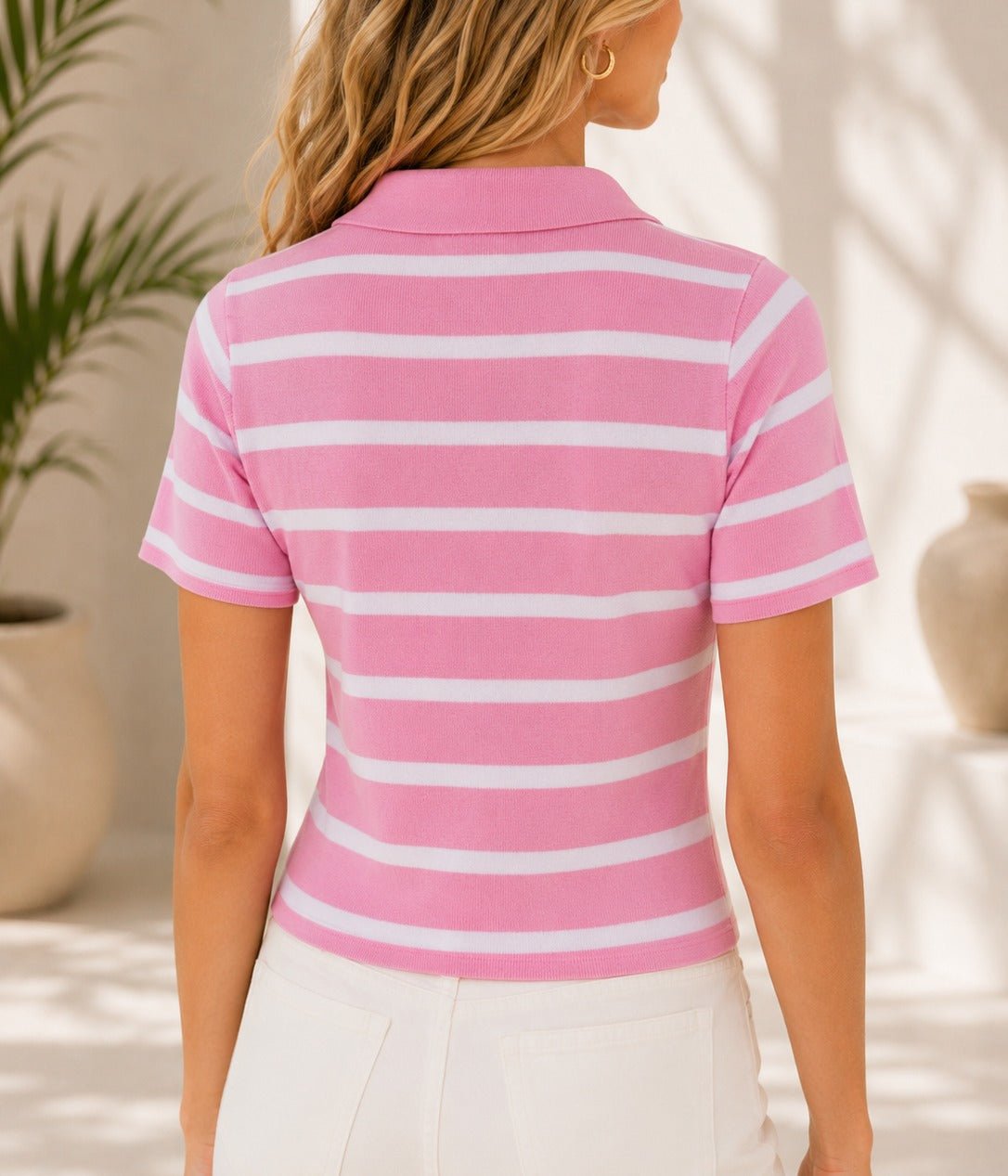 Ladies New Feeling Pink Collar Zip Stripe Top - StylePhase SA