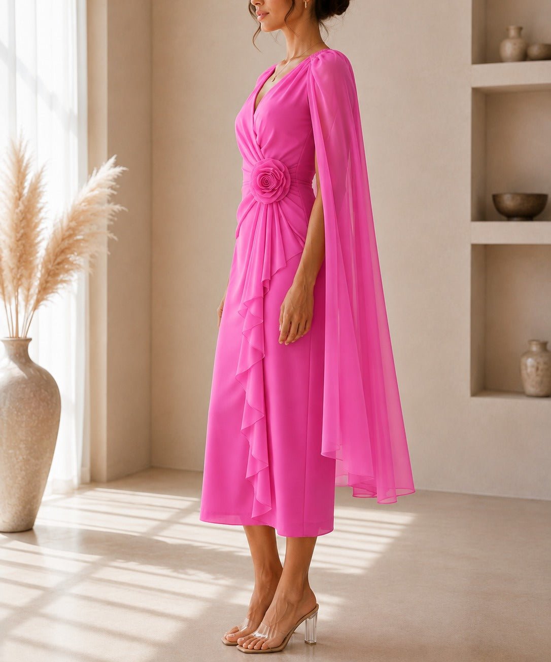 Ladies New Feeling Pink Rose Cape Sleeve Dress - StylePhase SA