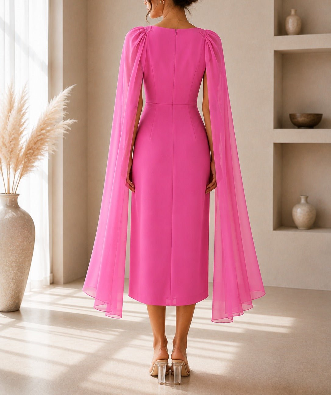Ladies New Feeling Pink Rose Cape Sleeve Dress - StylePhase SA
