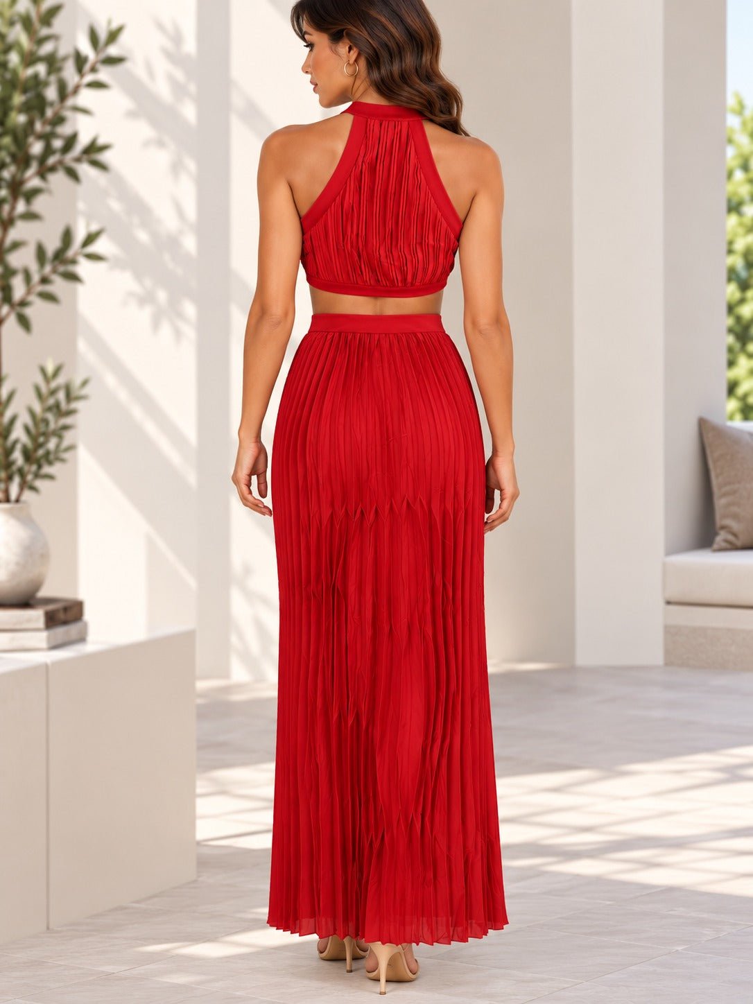 Ladies New Feeling Pleated Halter Neck Dress-Red - StylePhase SA