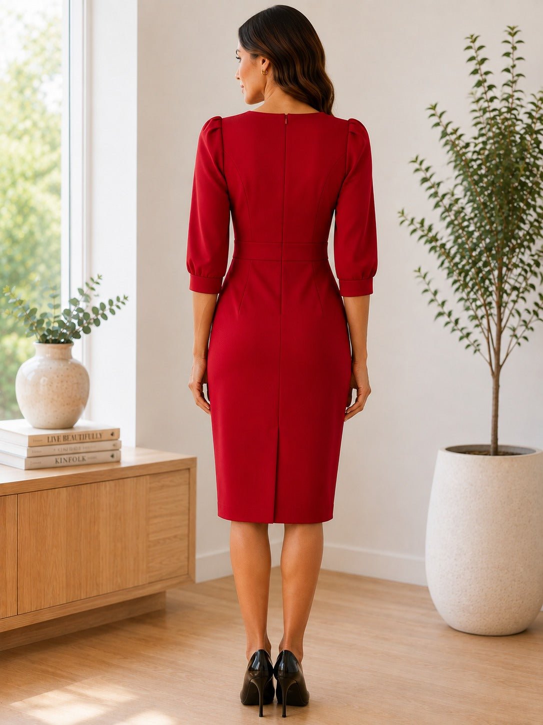 Ladies New Feeling Red 3/4 Sleeve Zip Back Dress - StylePhase SA