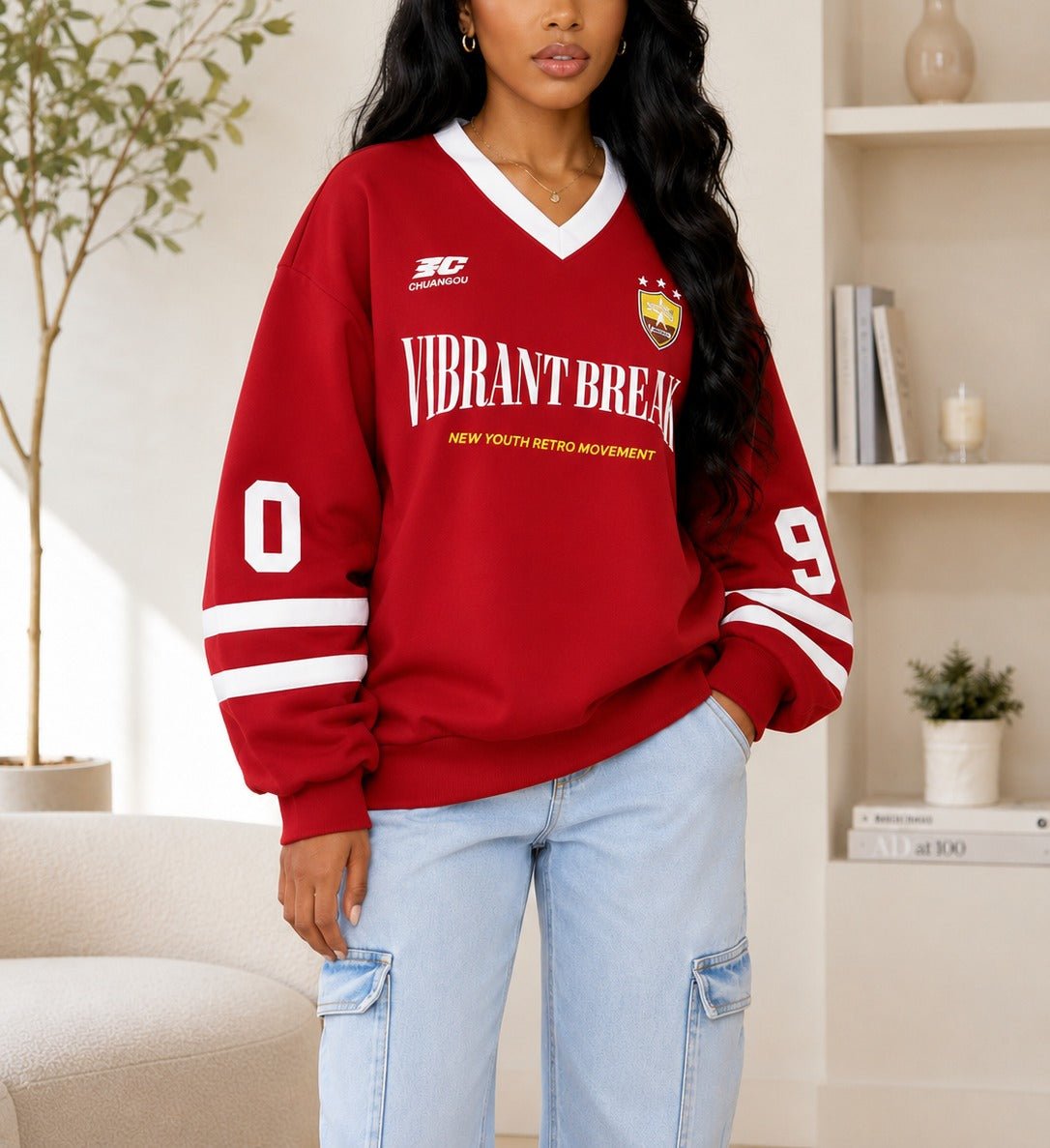 Ladies New Feeling Red Long Sleeve V-Neck Sweatshirt - StylePhase SA