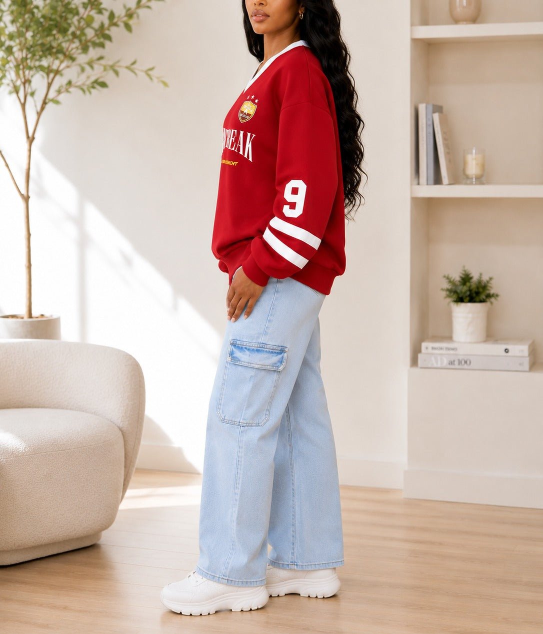 Ladies New Feeling Red Long Sleeve V-Neck Sweatshirt - StylePhase SA