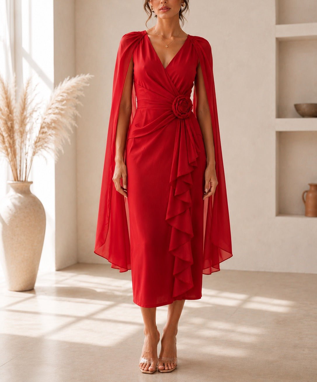 Ladies New Feeling Red Rose Cape Sleeve Dress - StylePhase SA