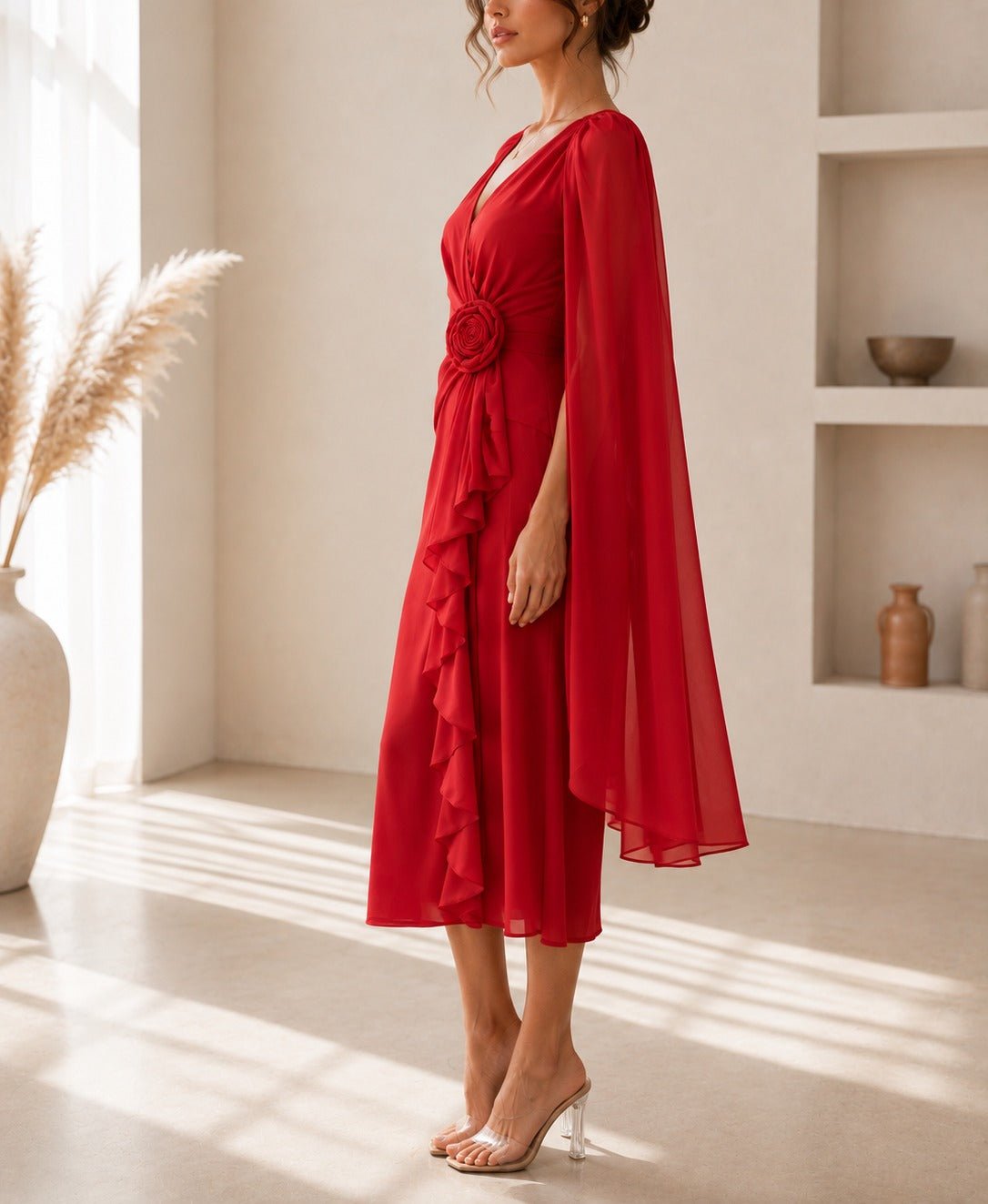 Ladies New Feeling Red Rose Cape Sleeve Dress - StylePhase SA