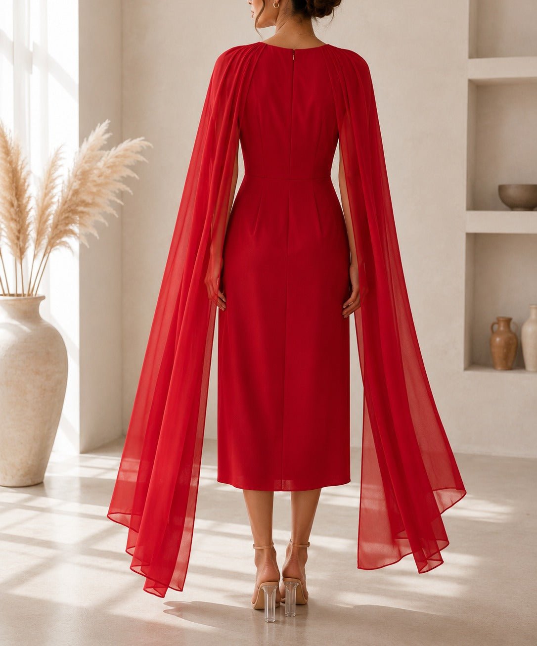 Ladies New Feeling Red Rose Cape Sleeve Dress - StylePhase SA