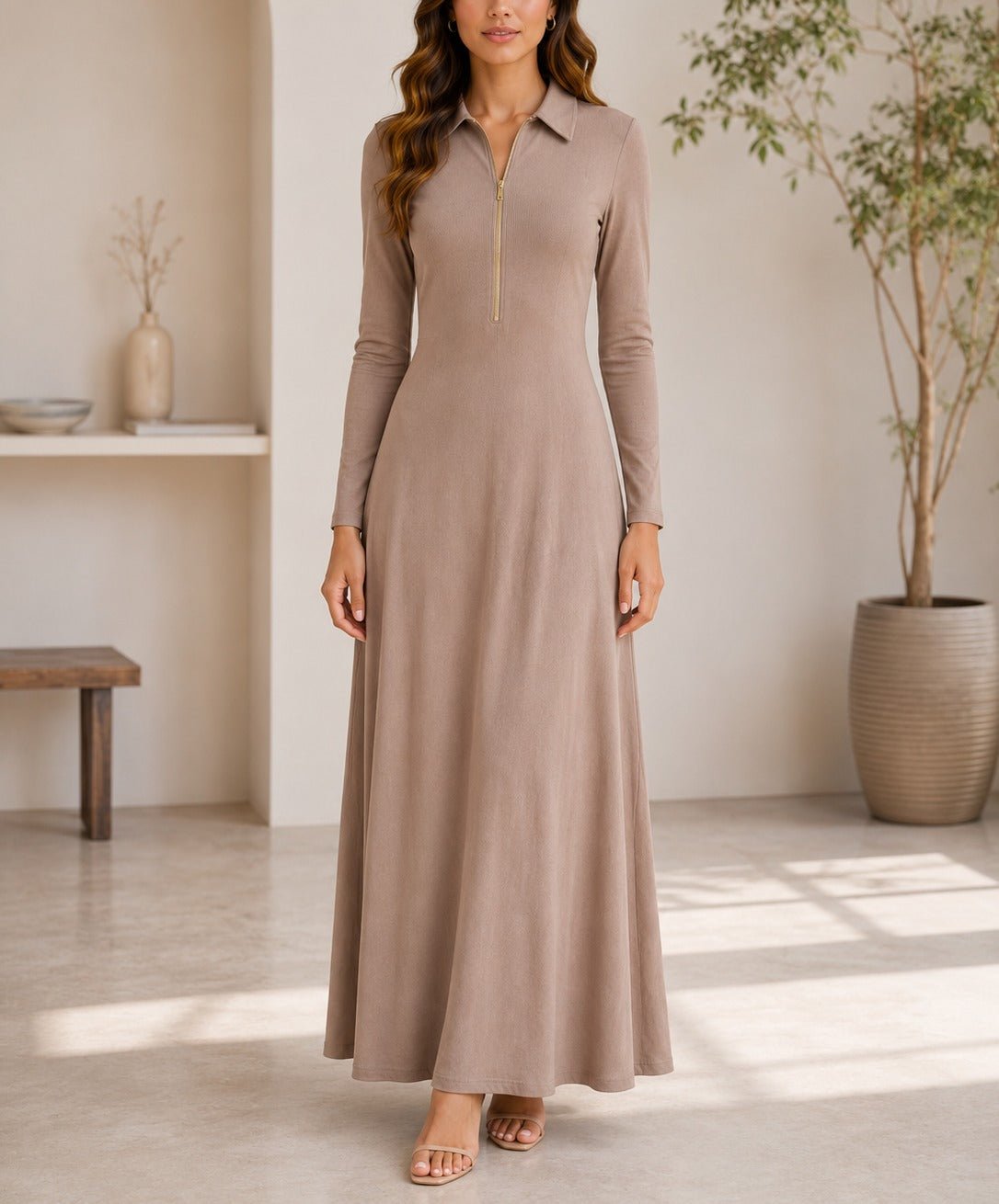 Ladies New Feeling Rib Zip Front Dress- Beige - StylePhase SA