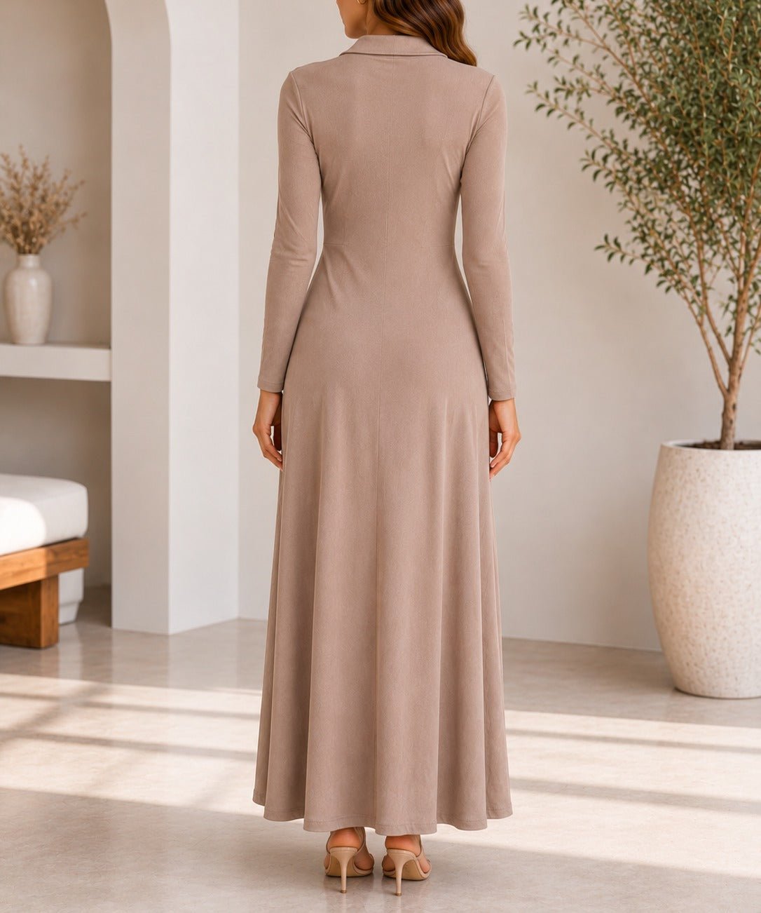 Ladies New Feeling Rib Zip Front Dress- Beige - StylePhase SA