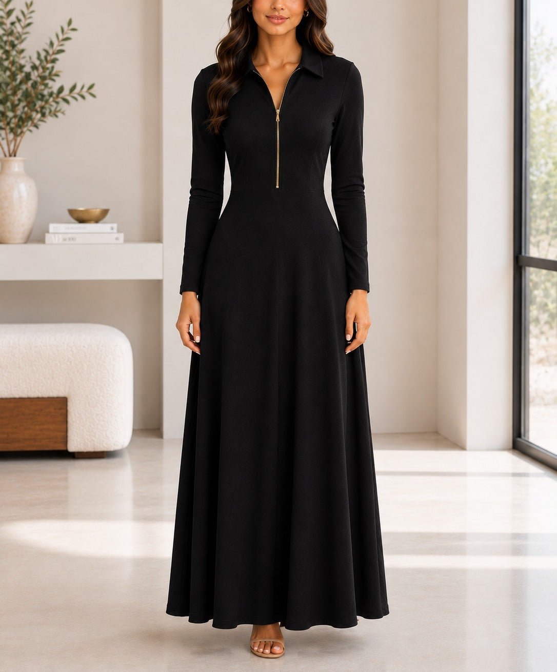 Ladies New Feeling Rib Zip Front Dress-Black - StylePhase SA