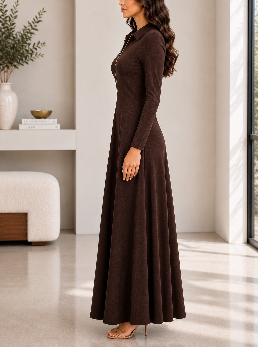 Ladies New Feeling Rib Zip Front Dress-Dark Brown - StylePhase SA