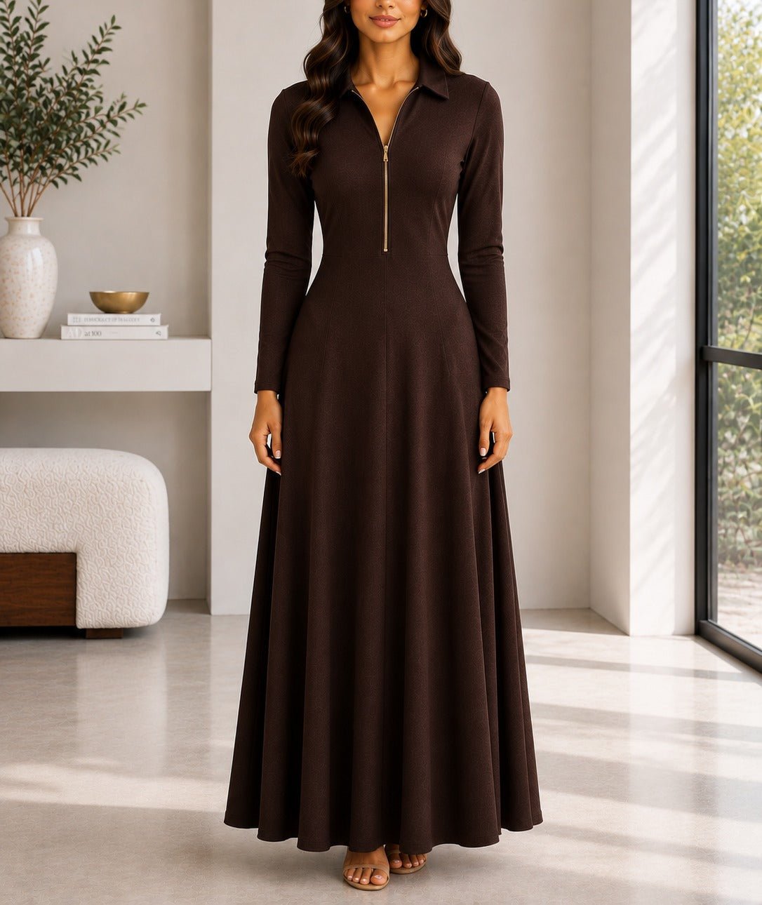 Ladies New Feeling Rib Zip Front Dress-Dark Brown - StylePhase SA