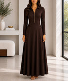 Ladies New Feeling Rib Zip Front Dress-Dark Brown - StylePhase SA