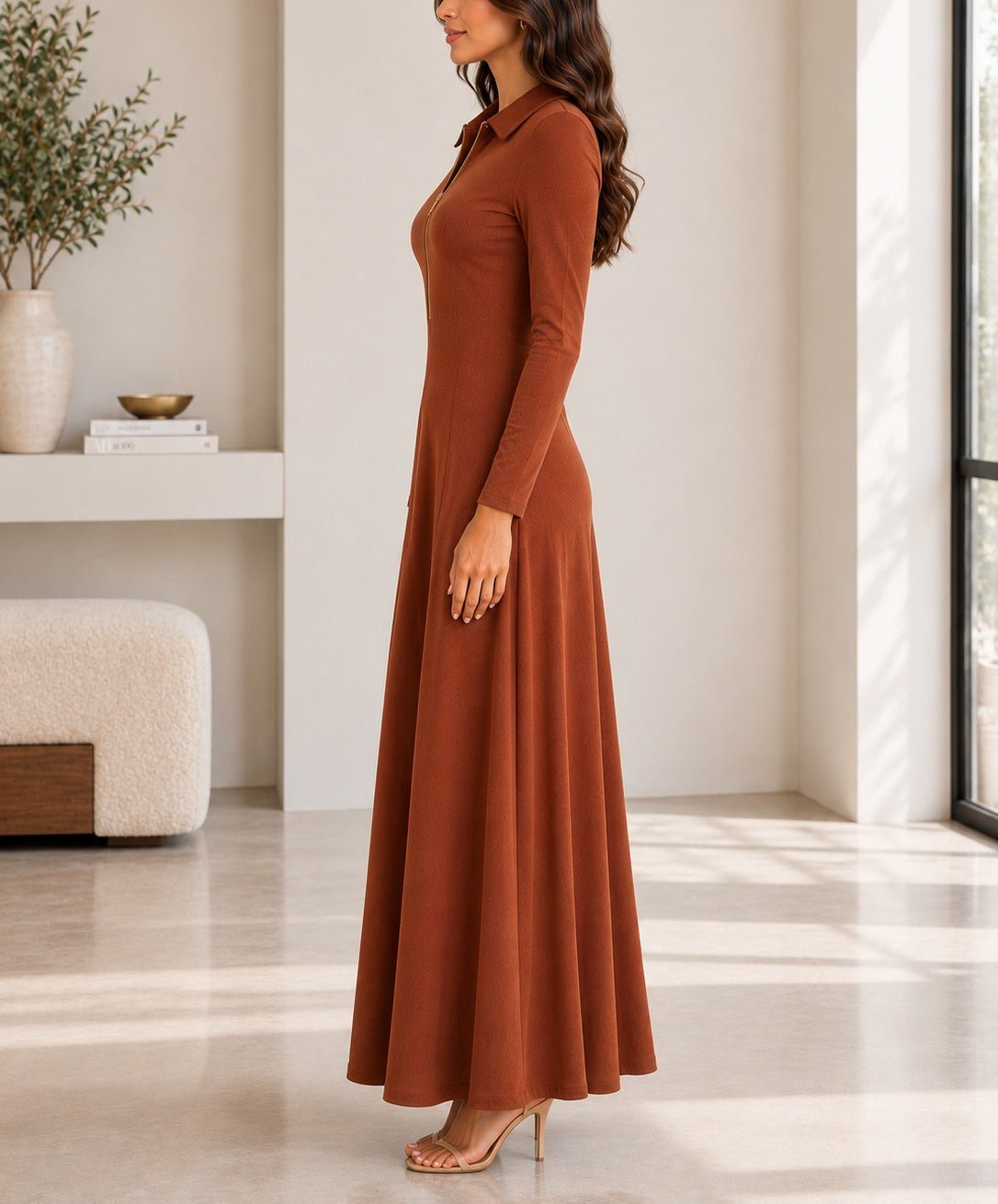 Ladies New Feeling Rib Zip Front Dress-Rust - StylePhase SA