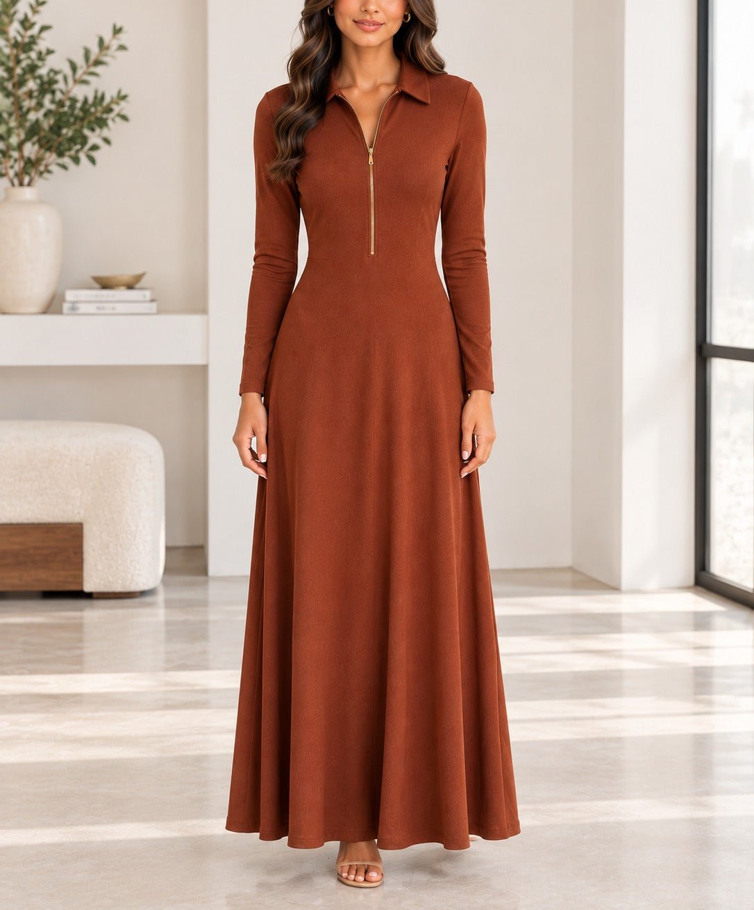 Ladies New Feeling Rib Zip Front Dress-Rust - StylePhase SA