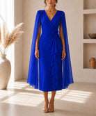 Ladies New Feeling Royal Blue Rose Cape Sleeve Dress - StylePhase SA