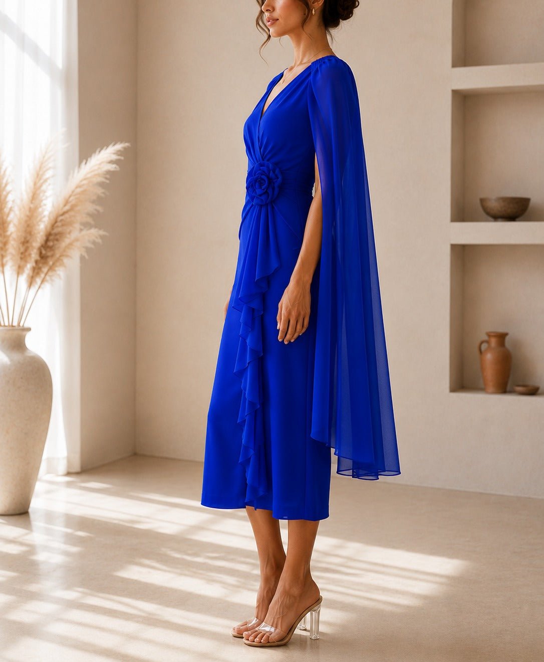 Ladies New Feeling Royal Blue Rose Cape Sleeve Dress - StylePhase SA