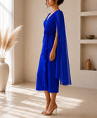 Ladies New Feeling Royal Blue Rose Cape Sleeve Dress - StylePhase SA