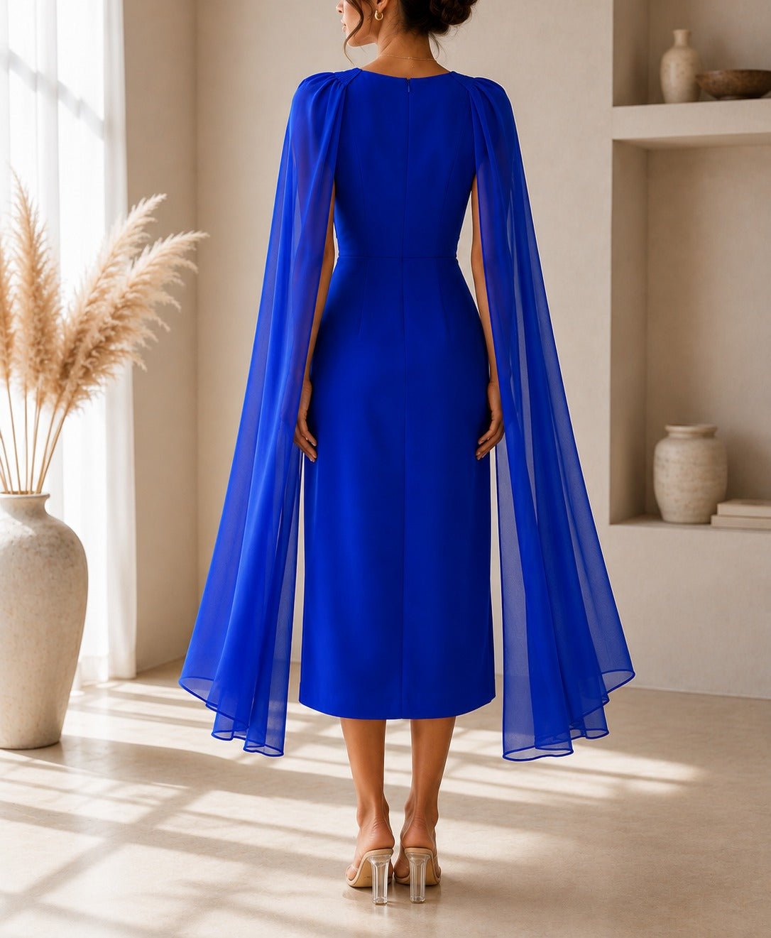 Ladies New Feeling Royal Blue Rose Cape Sleeve Dress - StylePhase SA