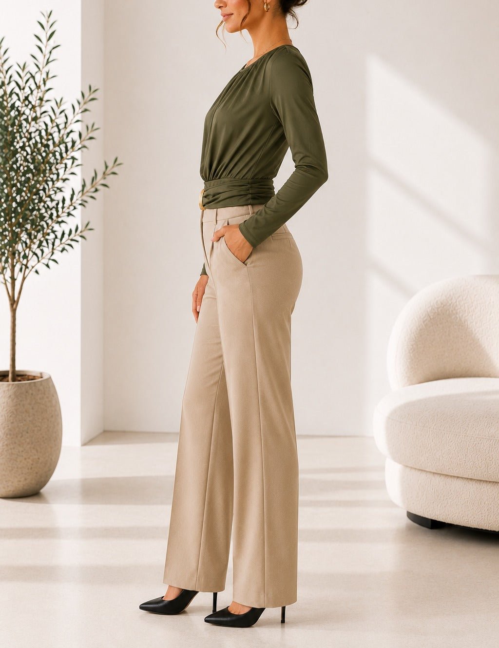 Ladies New Feeling Ruched Buckle Olive Top - StylePhase SA