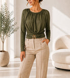 Ladies New Feeling Ruched Buckle Olive Top - StylePhase SA