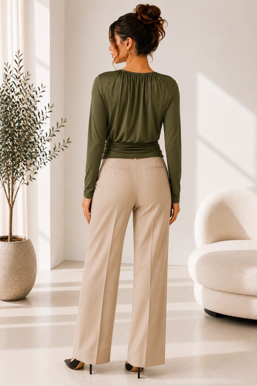 Ladies New Feeling Ruched Buckle Olive Top - StylePhase SA