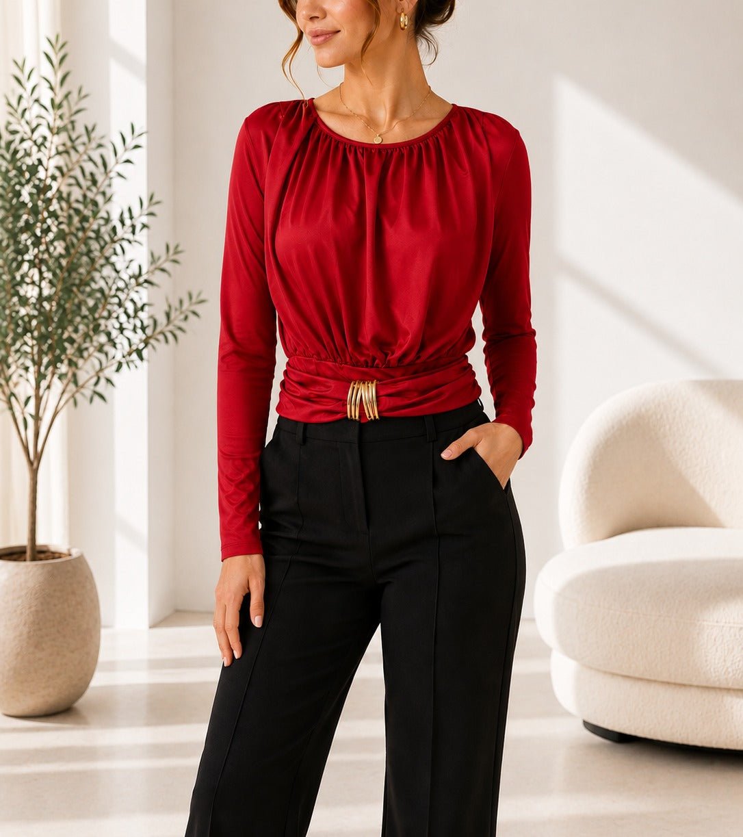 Ladies New Feeling Ruched Buckle Red Bodysuit - StylePhase SA