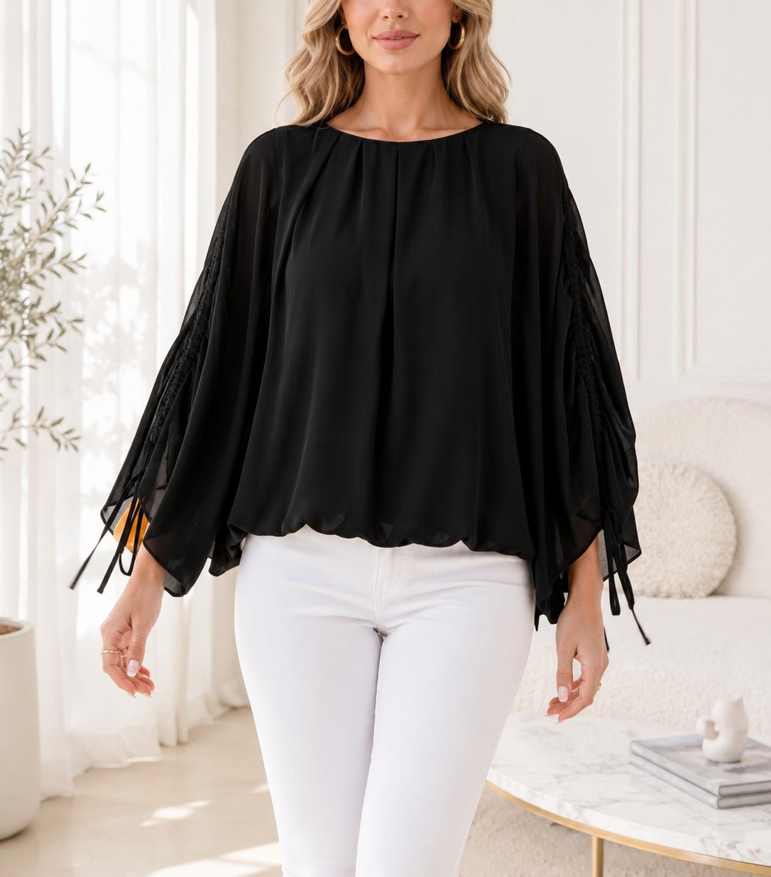 Ladies New Feeling Ruched Sleeve Black Top - StylePhase SA