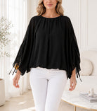 Ladies New Feeling Ruched Sleeve Black Top - StylePhase SA