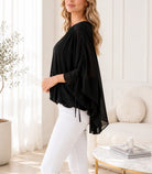Ladies New Feeling Ruched Sleeve Black Top - StylePhase SA