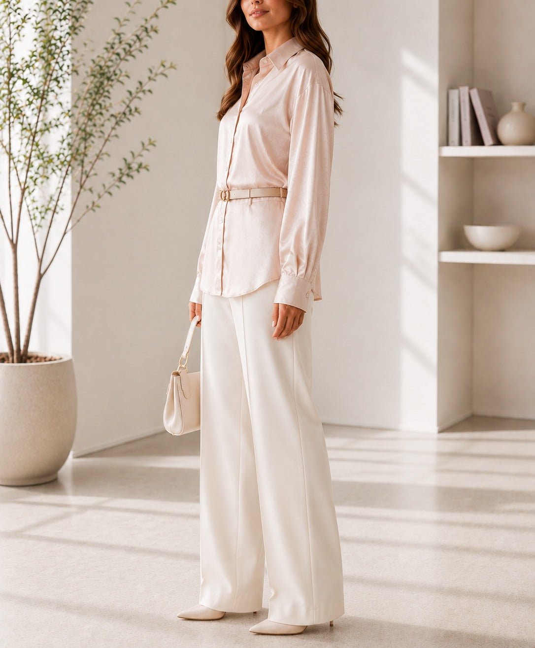 Ladies New Feeling Satin Belt Blouse -Beige - StylePhase SA